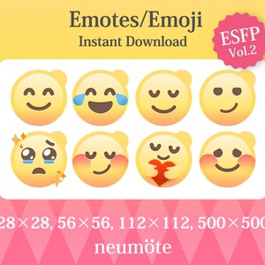 Könnte beinhalten: Acht gelbe Emoji-Gesichter mit verschiedenen Ausdrücken, darunter lächelnd und weinend. Der Text "Emotes/Emoji Instant Download" und Größenoptionen sind enthalten. Ein rosa Abzeichen zeigt "ESFP Vol.2".