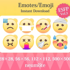Könnte beinhalten: Eine digitale Download-Grafik mit acht gelben Gesichtern im Emoji-Stil, die jeweils unterschiedliche Emotionen ausdrücken. Das Bild enthält den Text „Emotes/Emoji Instant Download“ und „ESFP Vol.3“. Das Bild listet auch die Größen der Grafiken auf.