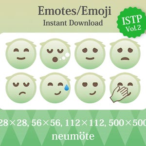 Może przedstawiać: Grafika do pobrania cyfrowego z ośmioma zielonymi emotikonami z różnymi wyrazami twarzy. Obraz zawiera tekst "Emotes/Emoji Instant Download" i specyfikacje rozmiaru. Zielona odznaka głosi "ISTP Vol.2". Na dole znajduje się nazwa "neumöte".