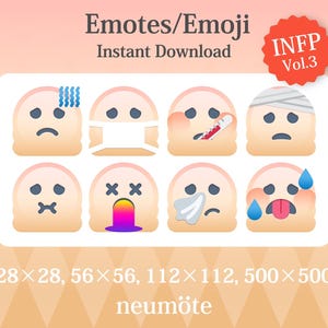 以下が含まれることがあります： 病気や苦痛のさまざまな表現を示す、8つの絵文字スタイルのイラストが特徴のデジタルダウンロードグラフィック。画像には「Emotes/Emoji Instant Download」というテキストとサイズオプションが含まれています。赤いバッジには「INFP Vol.3」と書かれています。