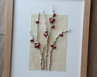 Framed Textured Winter Berry Branch Wall Art, Neutral Handmade Canvas Sculpture Painting (8x10)