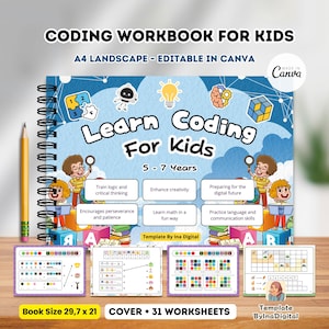 以下が含まれることがあります： 「Learn Coding For Kids」というタイトルの、水色の表紙のリング綴じワークブック。表紙には、5～7歳のお子様向けのコーディングスキルを促進する漫画のイラストとテキストが描かれています。本のサイズは29.7 x 21 cmで、31枚のワークシートが含まれています。