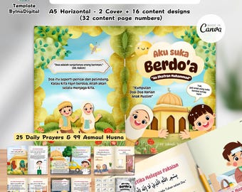 May include: A5 horizontal daily prayer book template with 2 covers and 16 content designs. The cover features illustrations of children and a mosque, with text in Indonesian. Includes 25 daily prayers and 99 Asmaul Husna.