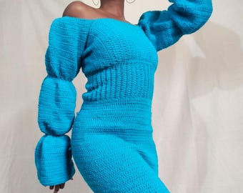 Puff Sleeve Dress, Crochet Dress pattern, Instant PDF Download, Crochet mini dress, Crochet modest dress, simple crochet dress