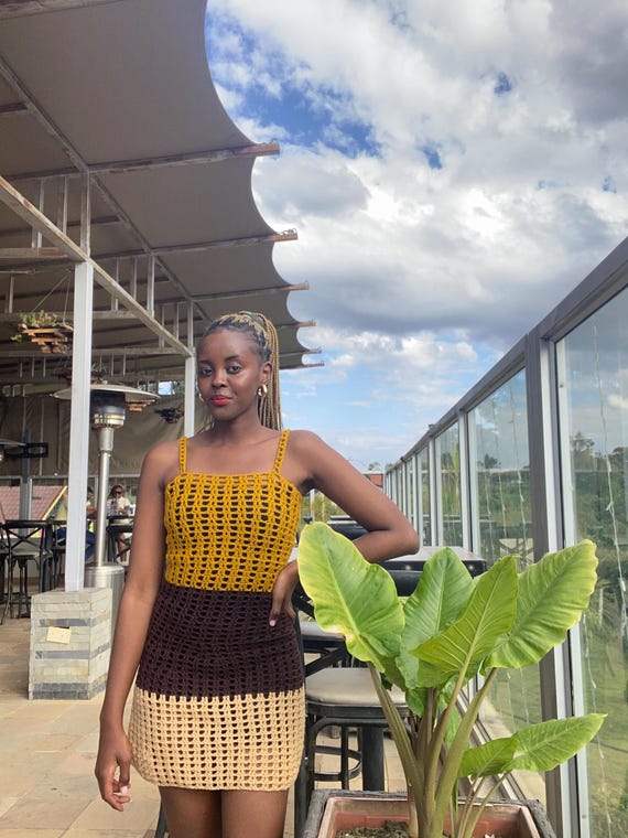 Caramel Mesh Crochet Dress, Crochet Sleeveless Bralette Dress