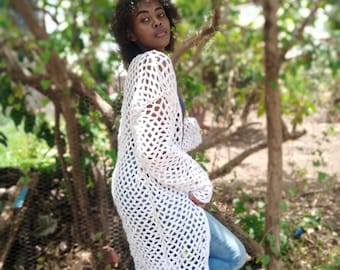 Diamond mesh cardigan, easy crochet cardigan, crochet duster cardigan, beach crochet cardigan, coverup sweater cardigan, long overcoat cardi