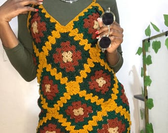 Crochet Granny Square Dress PDF Pattern: Midi Length, Fall Colors