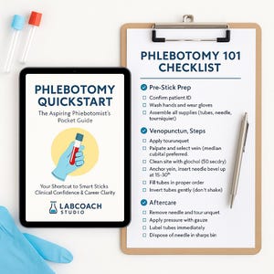 Puede incluir: Imagen que muestra una tableta con el texto "Phlebotomy Quickstart", una carpeta con una "Lista de verificación de flebotomía 101" y tubos de extracción de sangre. La lista de verificación incluye pasos para la preparación previa a la punción, la venopunción y los cuidados posteriores. Un bolígrafo descansa sobre la carpeta.