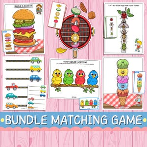 May include: A set of children's matching game cards featuring a burger, bugs, birds, and cars. The games include building a burger, matching bugs, bird color sorting, and matching cars to roads. The words "BUNDLE MATCHING GAME" are at the bottom.