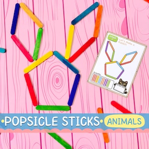 May include: A pink wooden surface features a rabbit shape made of colorful popsicle sticks. A card with a rabbit diagram and the text "Let's Make a Rabbit!" is also present. The image also includes the text "POPSICLE STICKS ANIMALS".