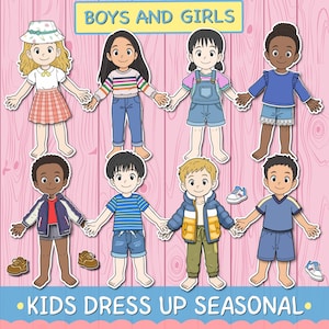 Könnte beinhalten: Bunte Illustration von acht Papierpuppen, jede in verschiedenen Outfits gekleidet. Der Text "BOYS AND GIRLS" und "KIDS DRESS UP SEASONAL" ist zu sehen. Die Puppen befinden sich auf einem rosa Holzgrund.