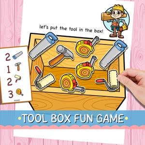 May include: A colorful children's game featuring a wooden toolbox with various tools like saws, hammers, and tape measures. The text "TOOL BOX FUN GAME" is displayed. A cartoon carpenter is also present, holding a wooden plank.