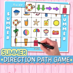 May include: A summer direction path game worksheet featuring a grid of colorful icons including a lifebuoy, palm tree, beach ball, and suitcase. A black marker draws a path connecting the lifebuoy to the suitcase following directional arrows.