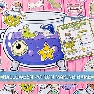 Può includere: Un gioco di pozioni di Halloween con un grande calderone pieno di liquido viola, circondato da adesivi di una stella gialla, una lumaca verde, un fungo blu, un bulbo oculare e una scheda ricetta intitolata Witchy Wobble Juice con ingredienti.