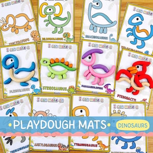May include: A collection of colorful playdough mats featuring various dinosaurs. Each mat displays a different dinosaur with the text "I can make a" above the dinosaur image. The mats are designed for creative play and learning.