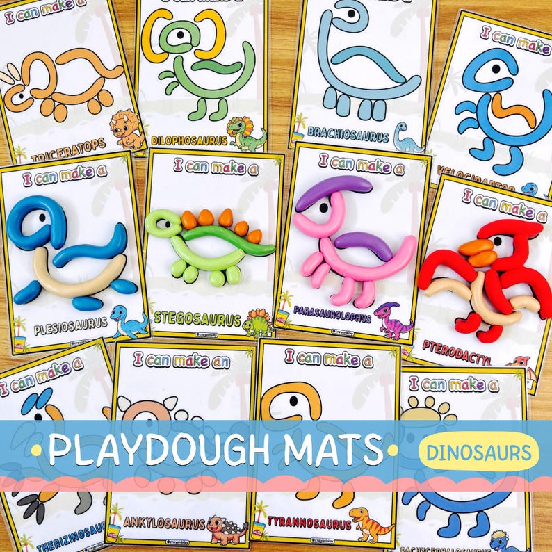 Puede incluir: Un conjunto de coloridas l&aacute;minas de plastilina con dinosaurios. Cada l&aacute;mina muestra un dinosaurio diferente, con el texto "I can make a". Dise&ntilde;adas para el juego creativo y el aprendizaje de los ni&ntilde;os.