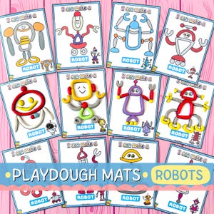 May include: A collection of colorful playdough mats featuring robot designs. Each card has the text "I can make a" at the top and "ROBOT" at the bottom. The mats are arranged on a pink wooden surface, with the words "PLAYDOUGH MATS ROBOTS" at the bottom.