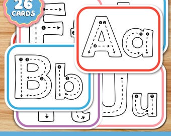 May include: A set of 26 alphabet tracing cards featuring uppercase and lowercase letters with numbered directional arrows and dashed lines for stroke guidance. Each card has a colourful border, and a circular badge indicates 26 CARDS.