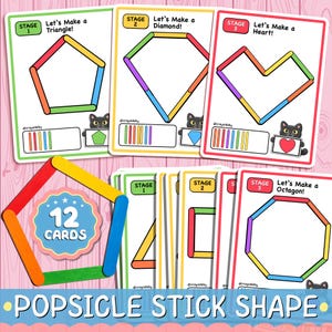 May include: A set of 12 educational cards featuring colorful popsicle stick shape patterns. Each card displays a geometric shape like a triangle, diamond, heart, or octagon, with instructions to build them using sticks. A small black cat icon appears on each card.