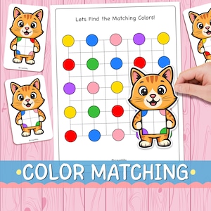 Puede incluir: Una hoja de actividades de correspondencia de colores titulada Lets Find the Matching Colors! con una cuadrícula de círculos de colores y varias tarjetas recortadas de un gato atigrado naranja que sostiene un cuadrado blanco dividido en cuatro secciones.