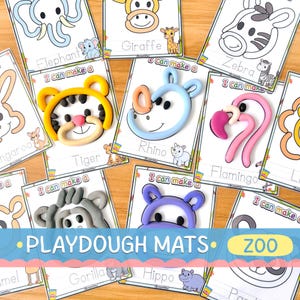 Op de afbeelding: Klei-matten met ontwerpen van dierentuindieren, waaronder olifanten, giraffen en zebra's. Elke kaart heeft een dierenomtrek en de tekst "I can make a". Perfect voor creatief spel en leeractiviteiten.