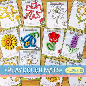 May include: Playdough mats showcasing different flowers, such as daffodil, hibiscus, lily, and tulip. Each mat displays a flower design with its name underneath. The phrase "I can make a" is at the top of each mat. The words "Playdough Mats" and "Flowers" are also visible.
