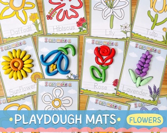 May include: Playdough mats featuring various flowers, including a daffodil, hibiscus, lily, and tulip. Each mat has a flower design with the name of the flower below. The words "I can make a" are at the top of each mat. The words "Playdough Mats" and "Flowers" are also visible.
