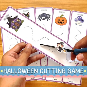 May include: A set of rectangular paper strips featuring Halloween-themed illustrations including a haunted house, a black cat, a spider, a pumpkin, and a mushroom, each with a dotted line path for cutting practice and the text crayonbiby.