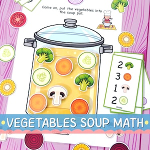 Könnte beinhalten: Ein farbenfrohes Lernspiel mit einem Suppentopf und Gemüse-Ausschnitten. Der Text "Vegetables Soup Math" ist zu sehen. Das Bild zeigt Illustrationen von Brokkoli, Karotten, Gurken und Pilzen, die für das Lernen von Kindern konzipiert sind.