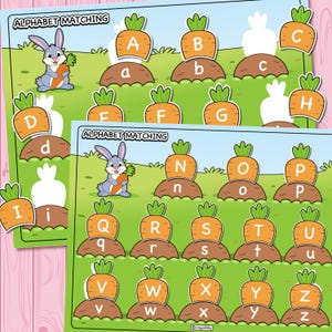 May include: Two alphabet matching game boards with a bunny holding a carrot. The boards feature carrots with uppercase and lowercase letters. The text "ALPHABET MATCHING" is at the top of each board. The background is green with a pink wooden surface.