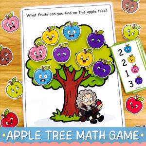 Puede incluir: Una hoja de juego educativo de matemáticas con un manzano ilustrado, frutas con expresiones faciales, un personaje histórico leyendo un libro y tarjetas numéricas. El texto dice, What fruits can you find on this apple tree?