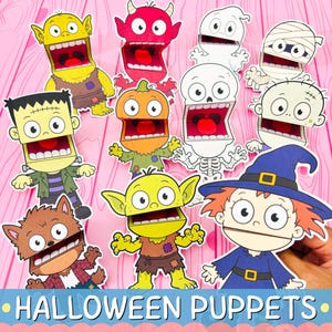 Op de afbeelding: Een verzameling papieren Halloween-poppen met stripfiguren, waaronder een groen monster, rode duivel, wit spook, mummie, pompoen, skelet, zombie, weerwolf en een heks met een blauwe hoed, voorzien van de tekst HALLOWEEN PUPPETS.