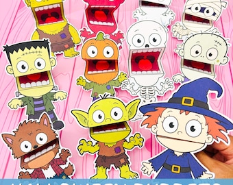 Marionetas de Halloween para imprimir, manualidades de marionetas de Halloween, juego de simulación de monstruos, actividad manual para preescolares.