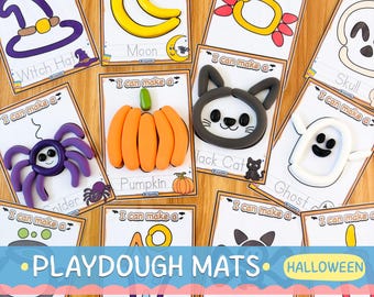 May include: A collection of Halloween-themed playdough mats. Each card features a different Halloween image, such as a witch hat, pumpkin, black cat, and ghost. The mats are designed for creative play and learning.