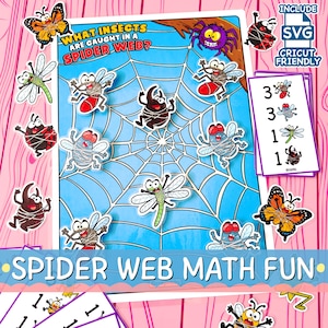 Könnte beinhalten: Ein farbenfrohes Lernspiel mit einem blauen Spinnennetz und Zeichentrick-Insekten. Das Spiel enthält den Text "WHAT INSECTS ARE CAUGHT IN A SPIDER WEB?" und "SPIDER WEB MATH FUN". Enthält SVG-Dateien für Cricut.
