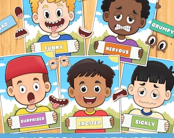 May include: An emotions activity set featuring five illustrated children holding signs with the words FUNNY, NERVOUS, SURPRISED, EXCITED, and SICKLY. The set includes various detachable eyes and mouths to represent different facial expressions.