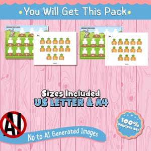 May include: Educational printables for children featuring alphabet matching games with carrots and bunnies. The text "You Will Get This Pack" and "Sizes Included US LETTER & A4" are visible. The image also states "No to AI Generated Images" and "100% Original Art".