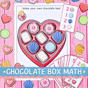 Puede incluir: Ilustración de una caja rosa en forma de corazón llena de bombones. La imagen incluye tarjetas con números y formas, y el texto "Make your own chocolate box!" y "CHOCOLATE BOX MATH".