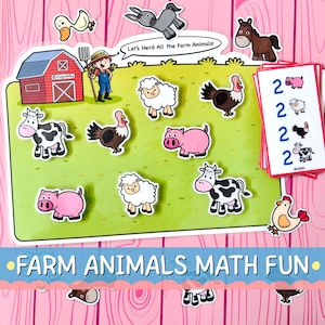 May include: A colorful farm animal-themed educational game. The set includes various animal cutouts like cows, pigs, and sheep, along with number cards. The background features a green field, a red barn, and the text "Farm Animals Math Fun."