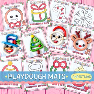 May include: A collection of Christmas-themed playdough mats. Each mat features a different holiday design, including a snowman, Santa Claus, a reindeer, and a Christmas tree. The mats are on a pink background and include the text "I can make a".