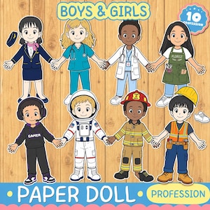 Könnte beinhalten: Ein Set aus Papierpuppen mit zehn verschiedenen Charakteren in unterschiedlichen Berufsoutfits, darunter Pilot, Krankenpfleger, Arzt, Florist, Gamer, Astronaut, Feuerwehrmann und Bauarbeiter, mit dem Text BOYS & GIRLS und PAPER DOLL PROFESSION.