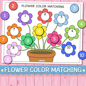 以下が含まれることがあります： 「Flower Color Matching」というタイトルのカラフルな教育用ワークシート。画像には、さまざまな色の10本の花が入った植木鉢の絵が描かれています。各花の中心には番号があり、一致する番号付きの円があります。