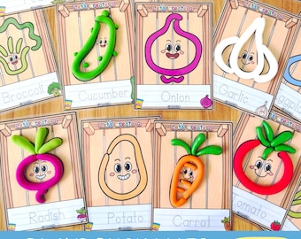 May include: Playdough mats featuring various vegetables, including peas, broccoli, cucumber, onion, garlic, radish, potato, carrot, and tomato. Each mat has a corresponding playdough vegetable shape. The mats are on a wooden background, with the text "PLAYDOUGH MATS VEGETABLE".