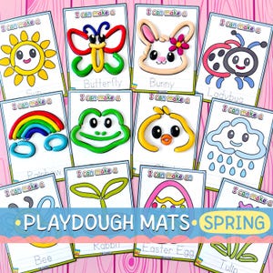 May include: A collection of colorful playdough mats with spring-themed designs. Each mat features a different image, including a sun, butterfly, bunny, ladybug, rainbow, frog, chick, cloud, bee, rabbit, Easter egg, and tulip. The text "I can make a" is at the top of each mat.