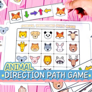 May include: An Animal Direction Path Game activity sheet featuring a grid of fifteen illustrated animal faces including a cat, dog, panda, fox, goat, giraffe, tiger, wolf, rabbit, bear, koala, pig, lion, raccoon, and deer with directional arrow cards.