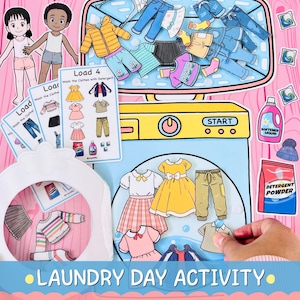 May include: A colorful laundry day activity set featuring paper dolls, clothing cutouts, and a washing machine illustration. Includes detergent, softener, and a variety of clothing items. The text "LAUNDRY DAY ACTIVITY" is at the bottom.