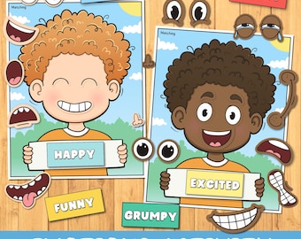 May include: An emotions activity set featuring two illustrated character portraits with curly hair, one with orange hair and one with dark brown hair. The set includes various detachable facial features like eyes, mouths, and noses, plus labels reading SAD, ANGRY, HAPPY, EXCITED, FUNNY, GRUMPY, and EMOTIONS ACTIVITY.