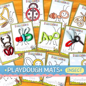 May include: A collection of colorful insect-themed playdough mats. Each card features a different insect, such as a butterfly, beetle, and dragonfly, with the words "I can make a" above the insect illustration. The words "Playdough Mats" and "Insect" are also visible.