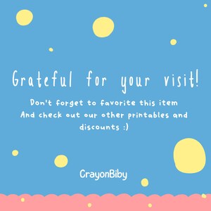 Puede incluir: Un gr&aacute;fico digital azul con c&iacute;rculos amarillos y un borde inferior festoneado rosa. El texto dice: Grateful for your visit! Don't forget to favorite this item And check out our other printables and discounts :) CrayonBiby.