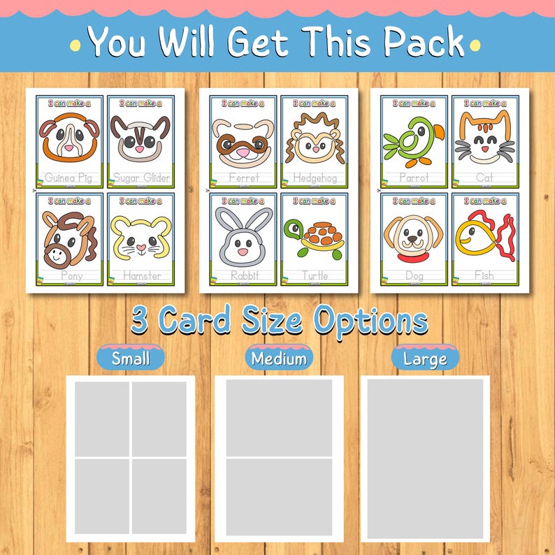 May include: A set of flashcards featuring cartoon animals, including a guinea pig, sugar glider, ferret, hedgehog, parrot, cat, pony, hamster, rabbit, turtle, dog, and fish. The text "You Will Get This Pack" and "3 Card Size Options" are displayed.